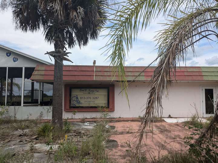 A sign for a defunct plumbers is visible behind palm trees and weeds growing through the concrete