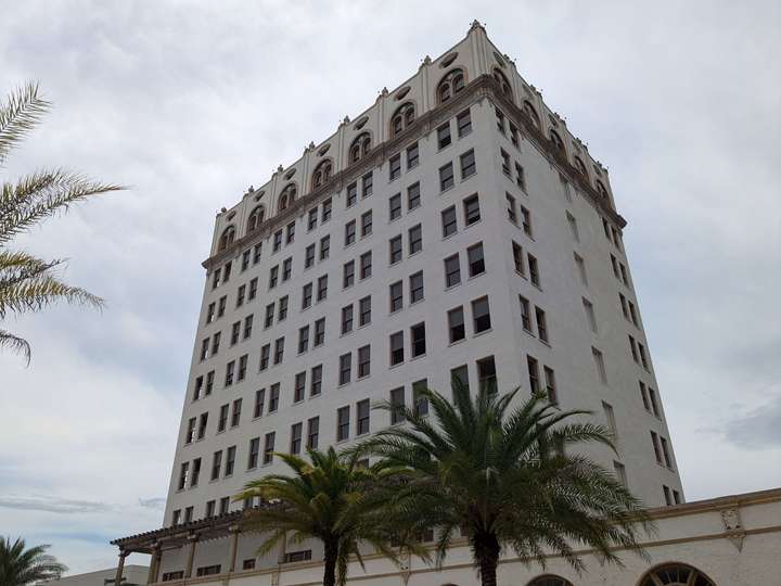 A view of the upper floors, including the highly ornamented top floor