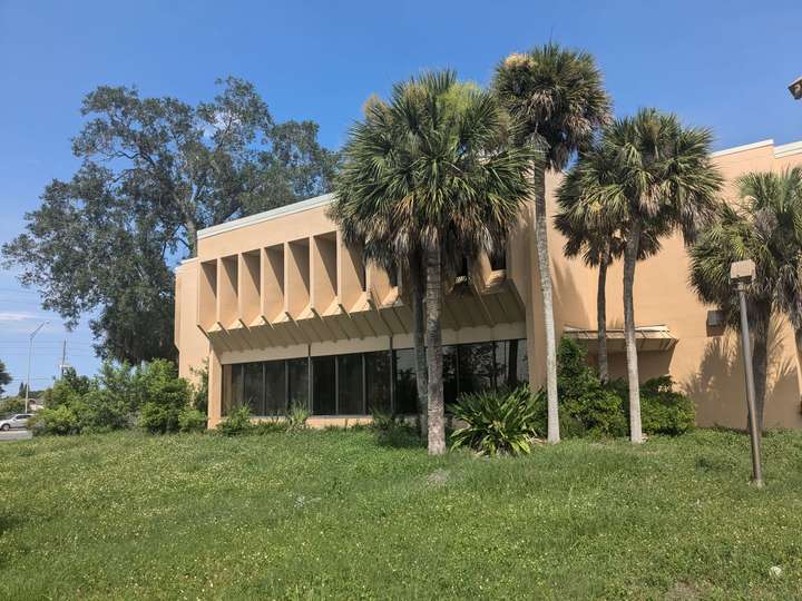 another side of the bank with some palm trees and grass in front