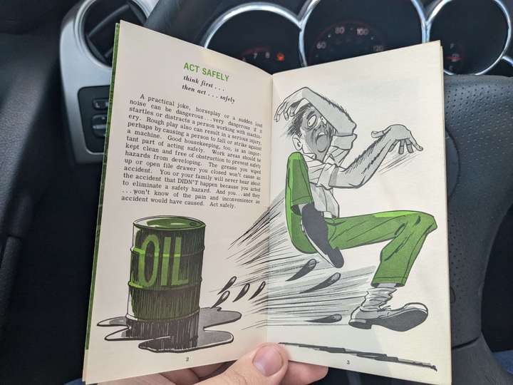 an illustration of a man slipping on spilled oil