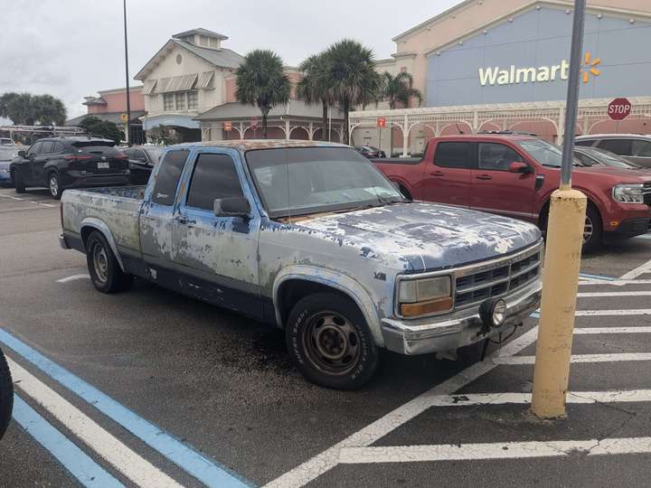 A pickup truck with incredibly patchy, weathered paint.