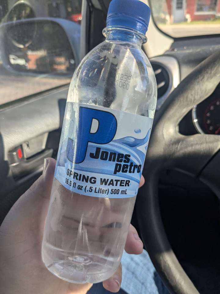 A bottle of Jones Petroleum branded water