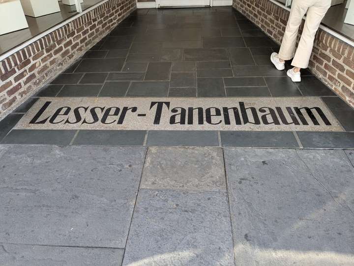 the name Lesser-Tanenbaum in a black sharp serifed font, on a beige background, inset in grey tiles