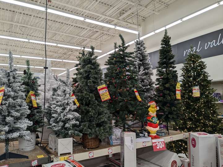 A display of discounted Christmas trees