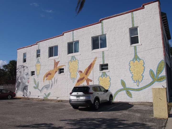 A pastel mural featuring birds and flowers