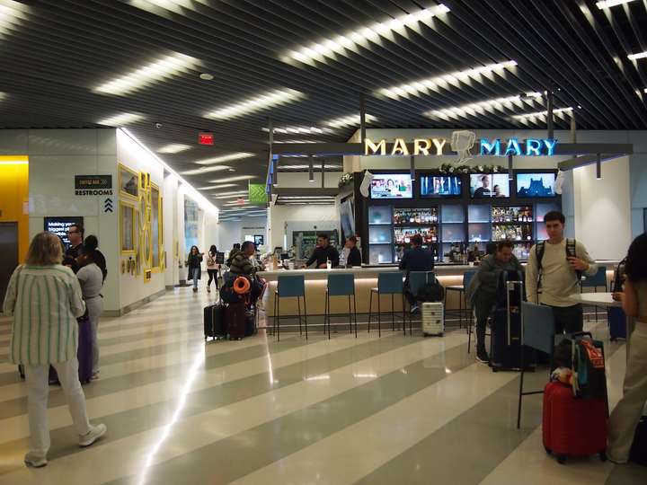 A view of a station interior, including a bar