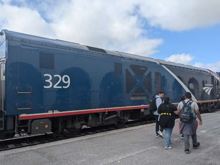 A clean blue, streamlined diesel locomotive