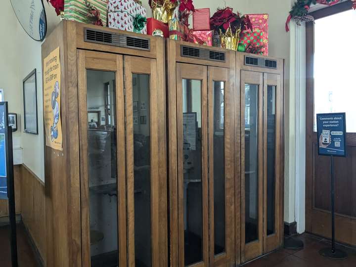 Empty wooden phone booths