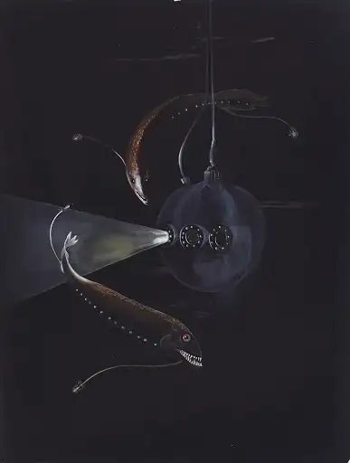 an illustration of two large, long fish with sharp teeth and a noodly appendage coming from either end, circling a sphere shaped submersible with a light shining out