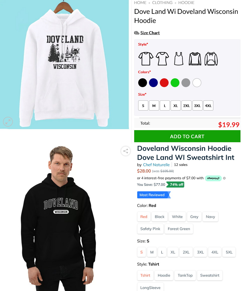 a cropped screenshot from a no-name, print on demand online clothing store, showing a hoodie with generic "Doveland, Wisconsin" branding